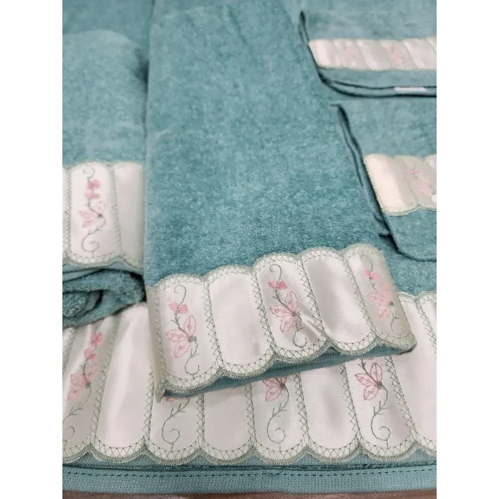 Vintage Towels Green With Cottage Lace Edge Farmhouse Country Set Of 6
